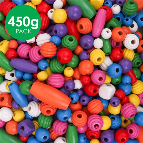 Wooden Coloured Beads - 450g Tub