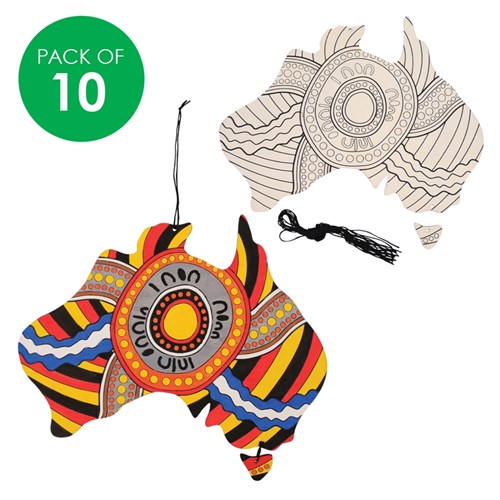 Indigenous Designed Wooden Australia Shapes - Pack of 10
