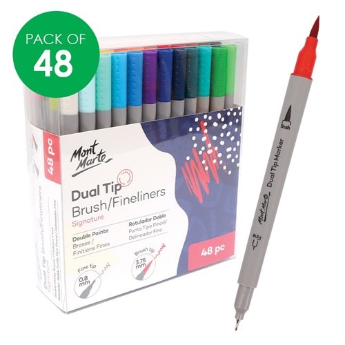 Mont Marte Dual Tip Brush & Fineliner Markers - Pack of 48