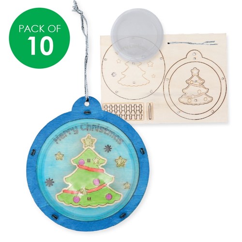 Wooden Christmas Bauble Ornaments - Tree - Pack of 10